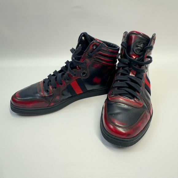 Men's Gucci ‘GG’ Logo Black/Red High-Top Leather Sneakers SIZE 8.G / US 8.5 - Picture 1 of 11